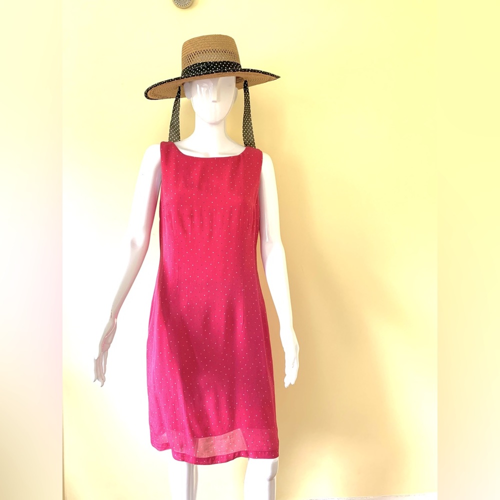 Beautiful fuchsia pink sheer rayon dress with tiny multicolor polka dots size M